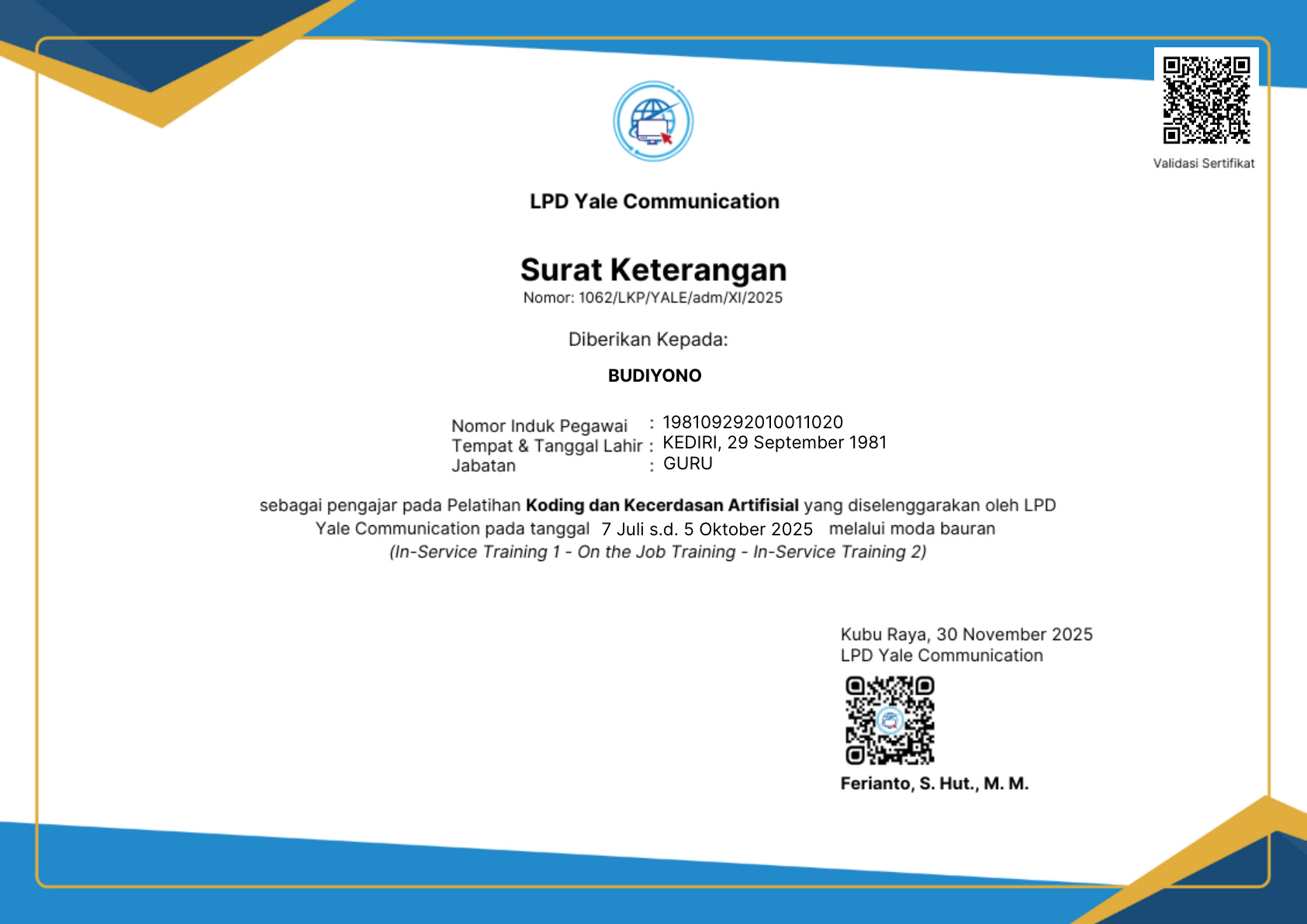 Pengajar Pelatihan Koding dan KA (Yale 2)