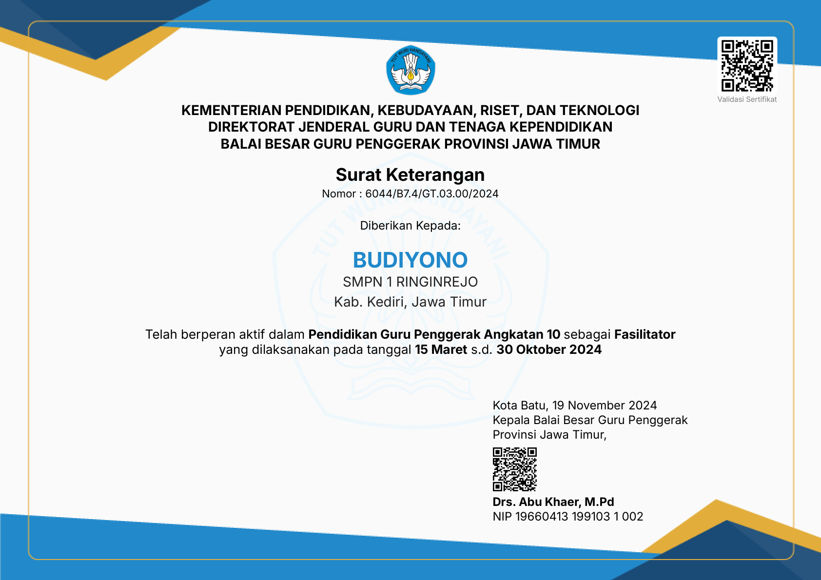 Surat Keterangan Fasilitator PGP Angkatan 10