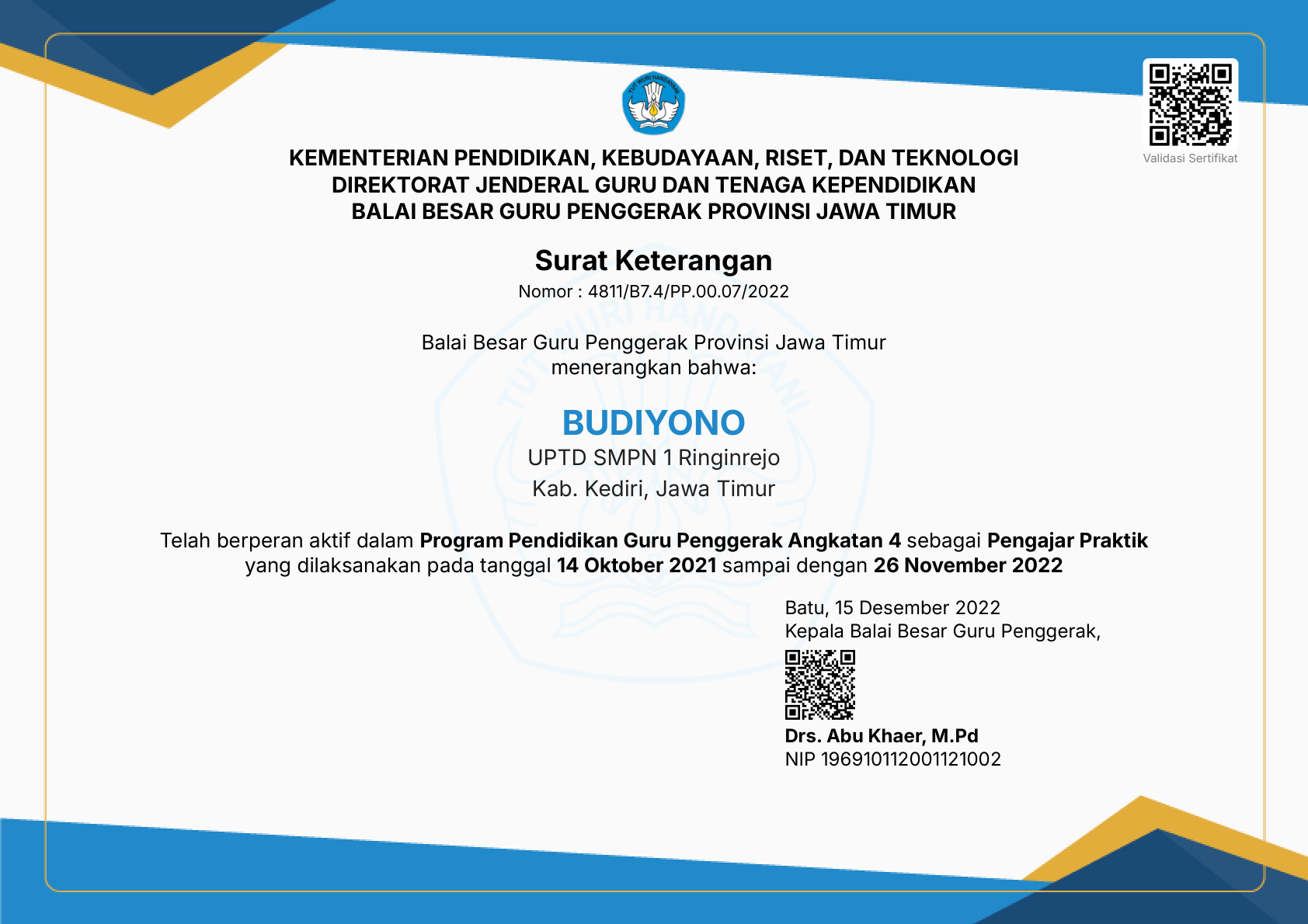 Surat Keterangan Pengajar Praktik PGP